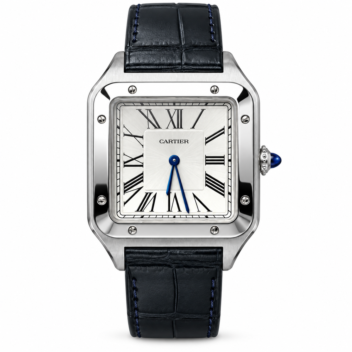 Cartier Santos-Dumont Large Stainless Steel Silver Dial Manual-Winding Navy Blue Alligator Strap Watch