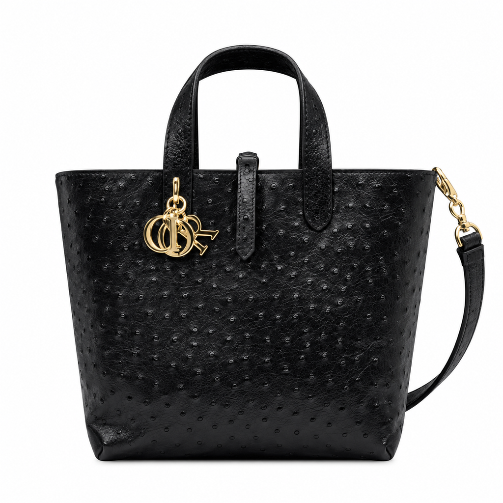 Dior Toujours Mini Tote in Black Ostrich-Embossed Leather with CD Charm