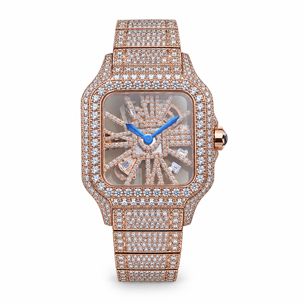 Cartier Santos Full Diamond Rose Gold Skeleton Watch – KDY