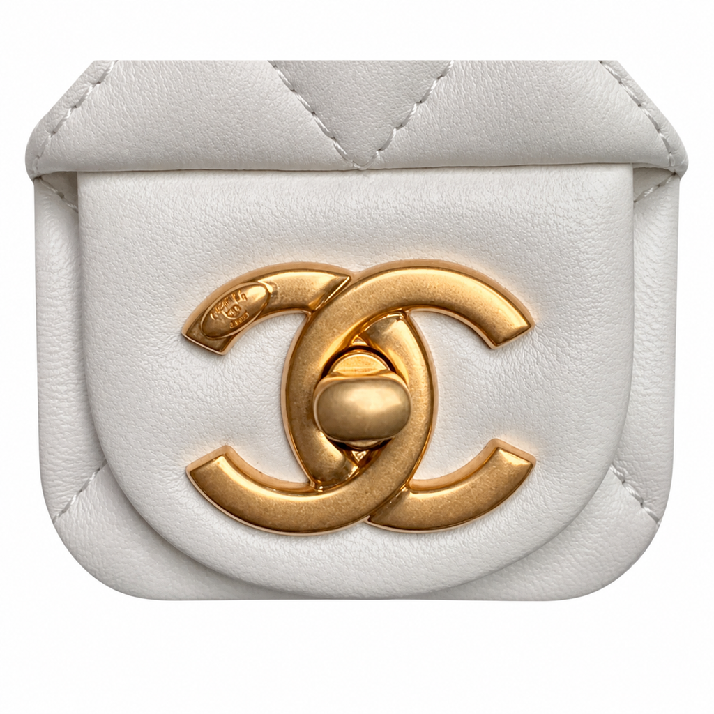 Chanel Mini Square Flap White Lambskin | Oversized CC Turn-Lock & Gold CC Charm — 18cm