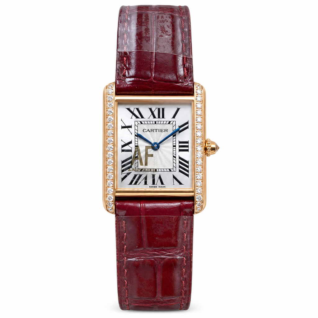 Cartier Tank Louis Small Rose Gold Diamond Lugs Silver Dial Burgundy Strap Watch – KDY