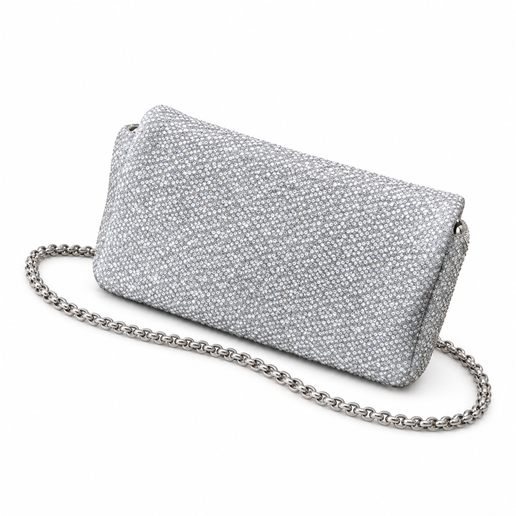 Chanel Silver Crystal Evening Clutch with Chain