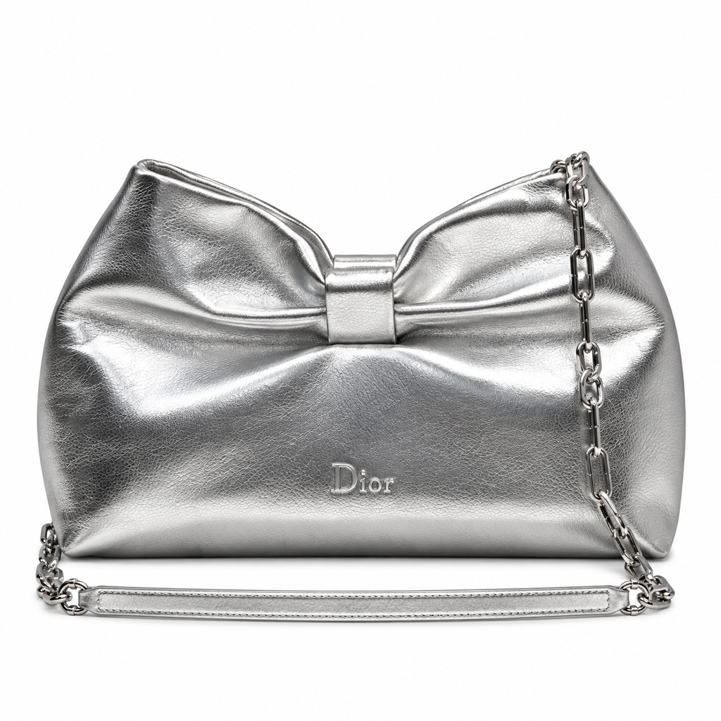 Dior Bow Bag in Silver Metallic Leather with Silver Chain Strap