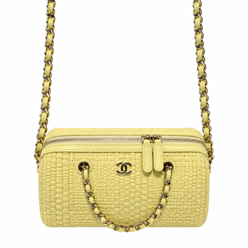 Chanel Lemon Yellow Woven Raffia Small Vanity Case