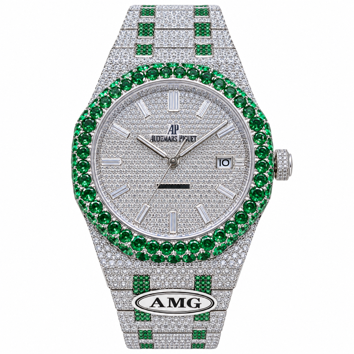 Audemars Piguet Royal Oak Iced Out Full Diamond Pavé Emerald Bezel AMG Custom Clasp 41mm