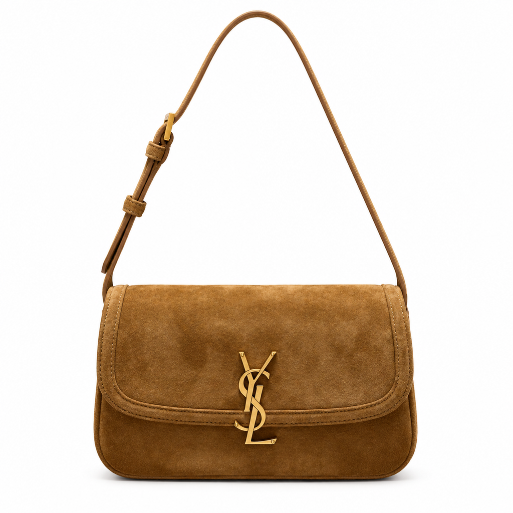 Saint Laurent Solferino Mini flap shoulder bag in tan suede with oversized gold YSL monogram and slim adjustable strap