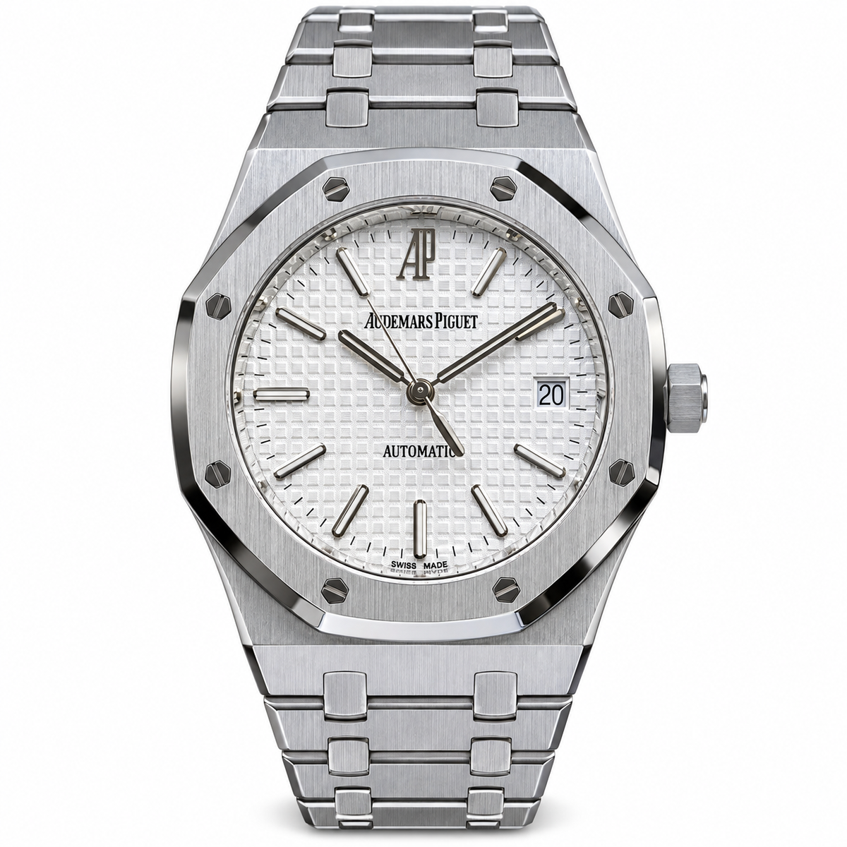 Audemars Piguet Royal Oak Stainless Steel Silver White Tapisserie Petit-Carreaux Dial AP Monogram Automatic Date Integrated Steel Bracelet Watch