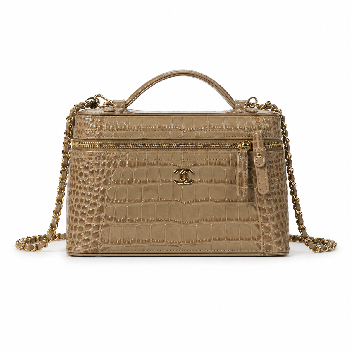 Chanel Taupe Croc-Embossed Structured Box Bag | Full-Width Front Zip & Antique Gold Chain