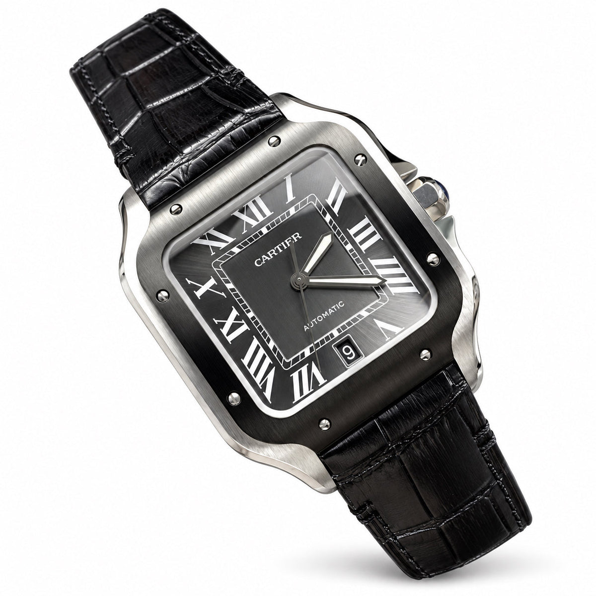 Cartier Santos Large — Steel & Black ADLC, Black Dial, Roman Numerals, Date & Black Alligator Strap, Automatic
