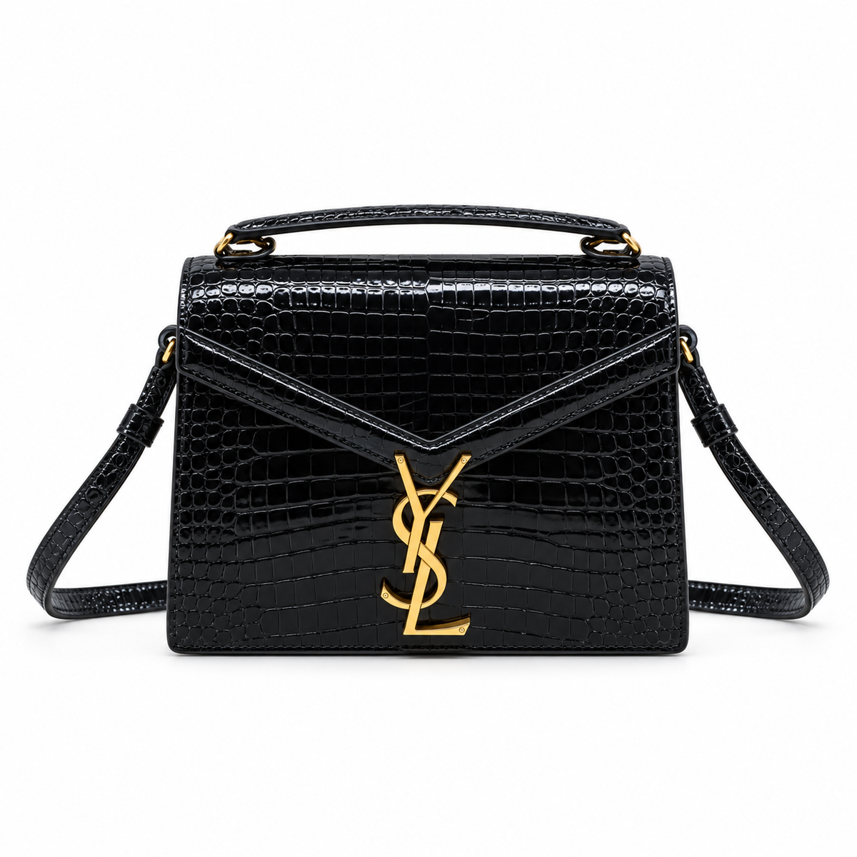 YSL Cassandra Bag Black Croc Embossed Patent Leather Gold Top Handle Saint Laurent