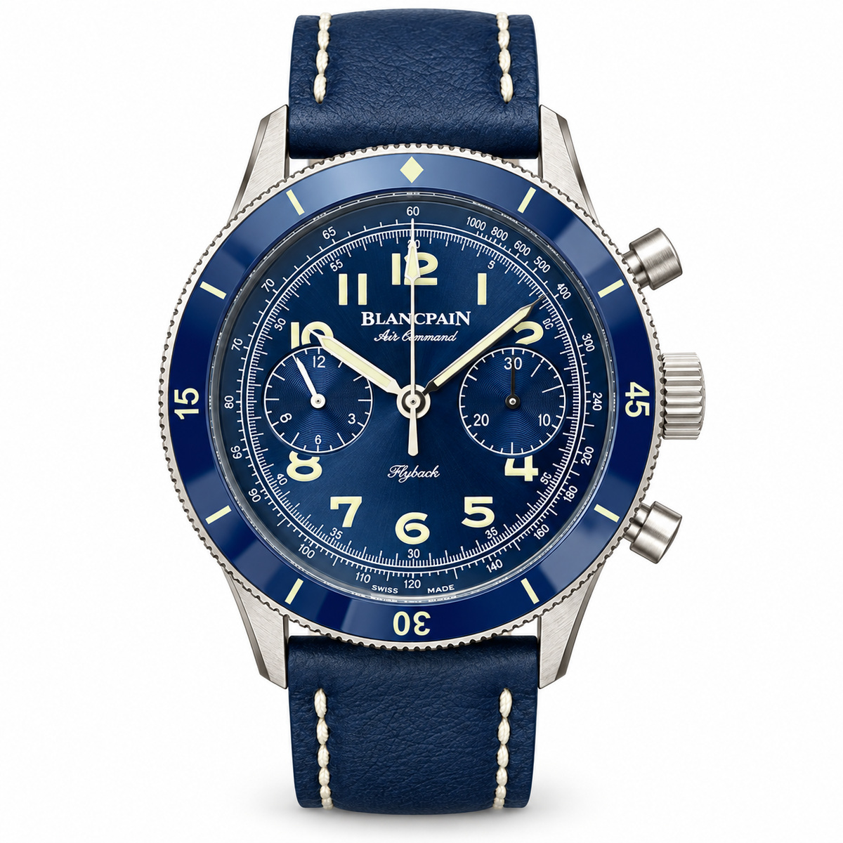 Blancpain Air Command flyback chronograph deep blue dial Arabic numerals tachymetre blue ceramic bezel navy leather cream stitch strap pilot watch