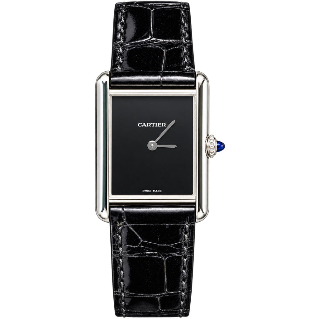 Cartier Tank Must — Steel, Black Lacquer Dial & Black Alligator Strap, Large