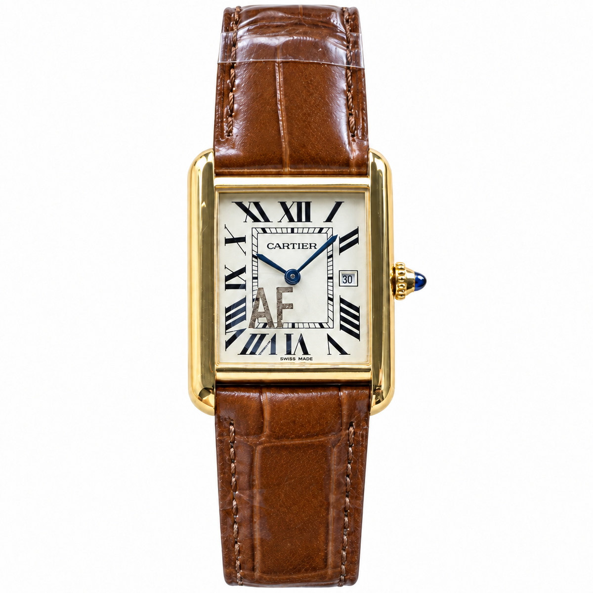 Cartier Tank Louis Large Yellow Gold White Dial Date Brown Strap Watch – KDY