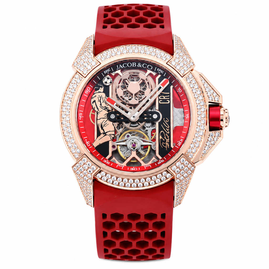 Jacob & Co. Epic X CR7 18K Rose Gold Full Diamond Flying Tourbillon Skeleton Red Honeycomb Rubber Watch