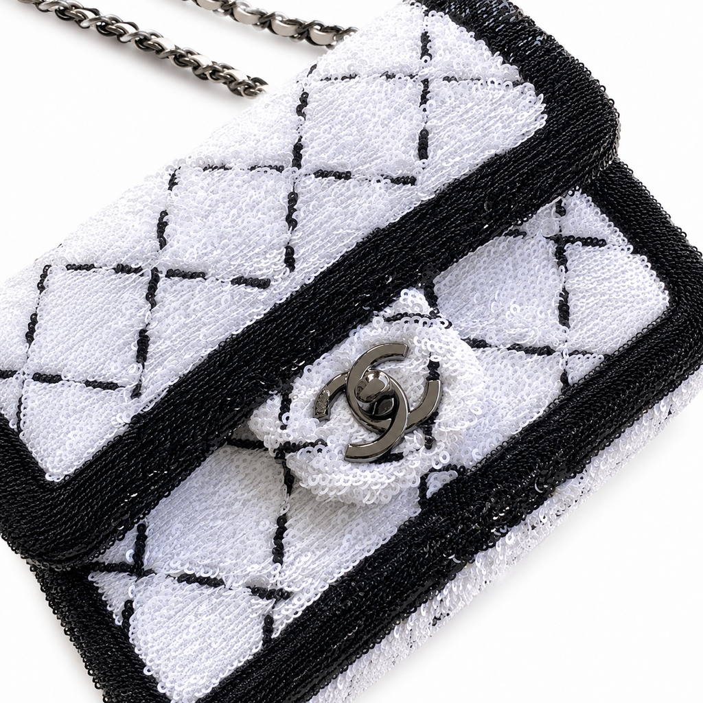 Chanel Quilted Black and White Sequin Evening Clutch with Silver Chain