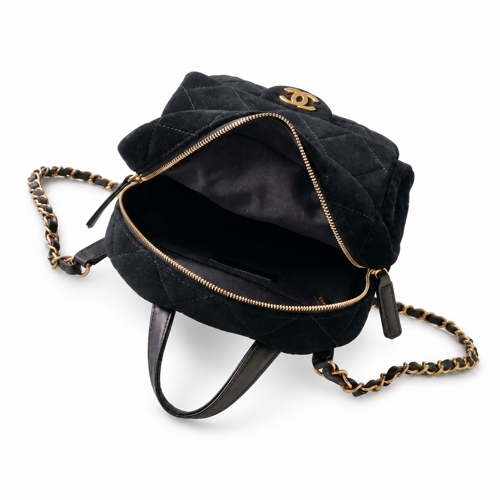 Chanel Quilted Mini Backpack in Black Suede with Antique Gold Chain