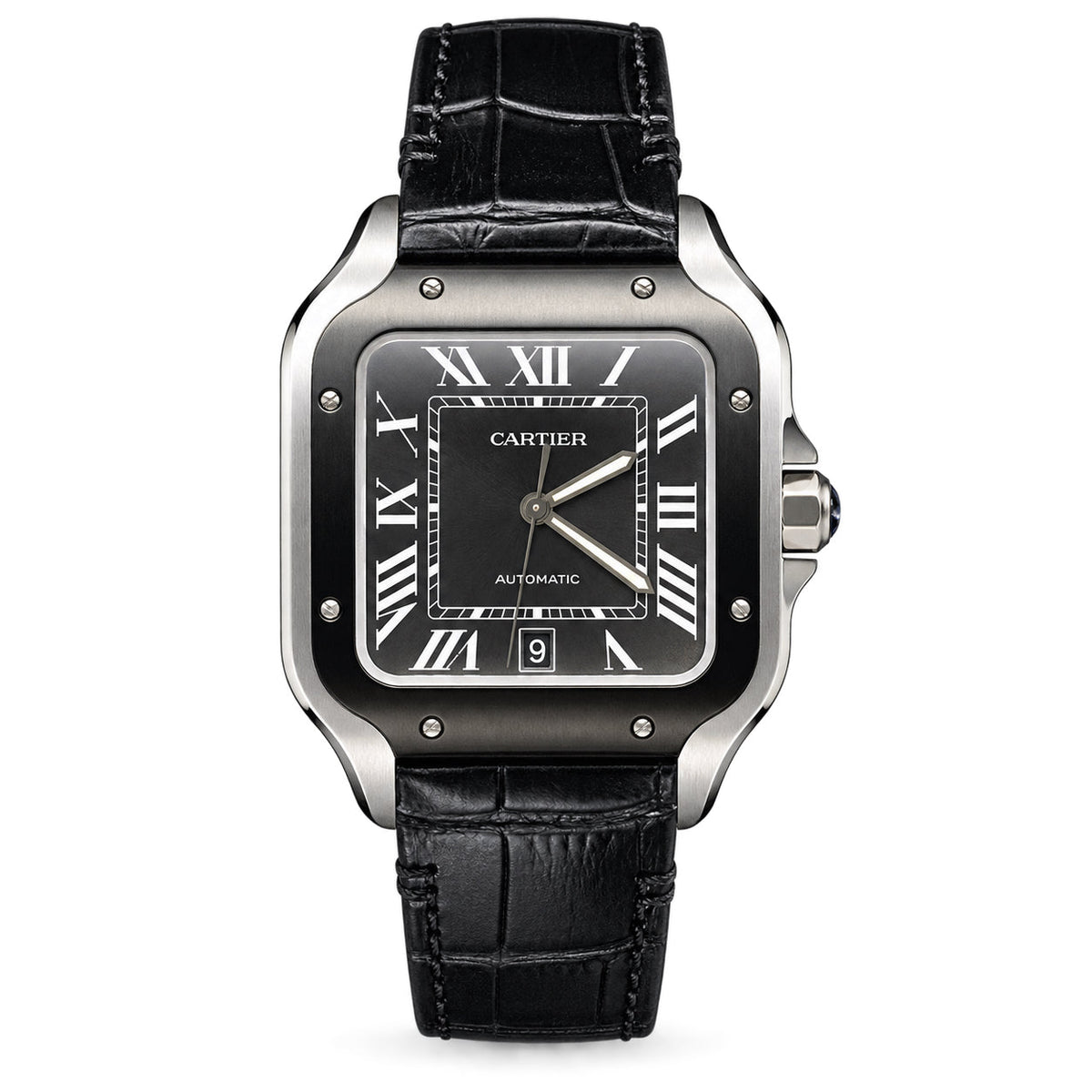 Cartier Santos Large — Steel & Black ADLC, Black Dial, Roman Numerals, Date & Black Alligator Strap, Automatic