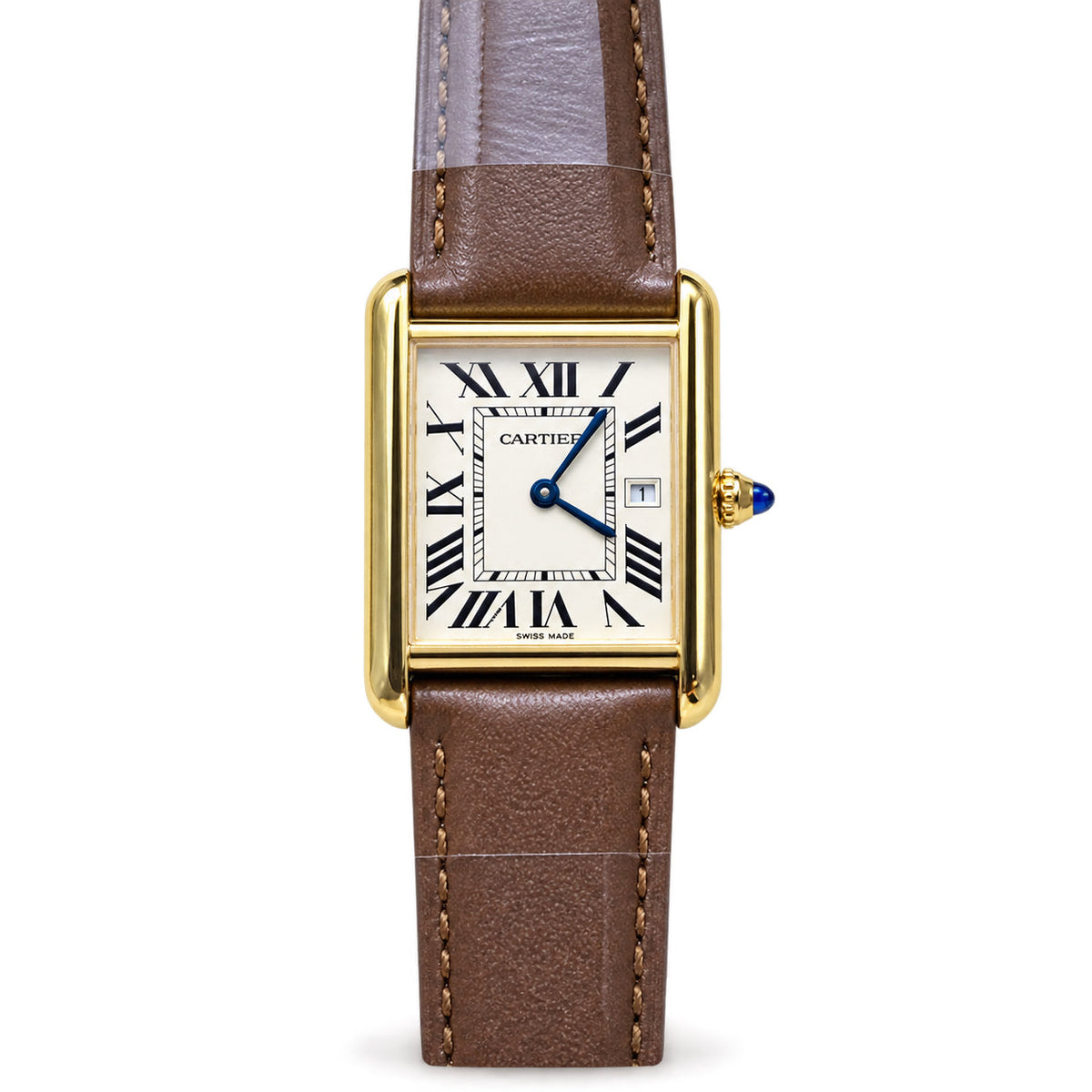 Cartier Tank Solo — 18K Yellow Gold, Ivory Dial, Date & Brown Leather Strap, Large