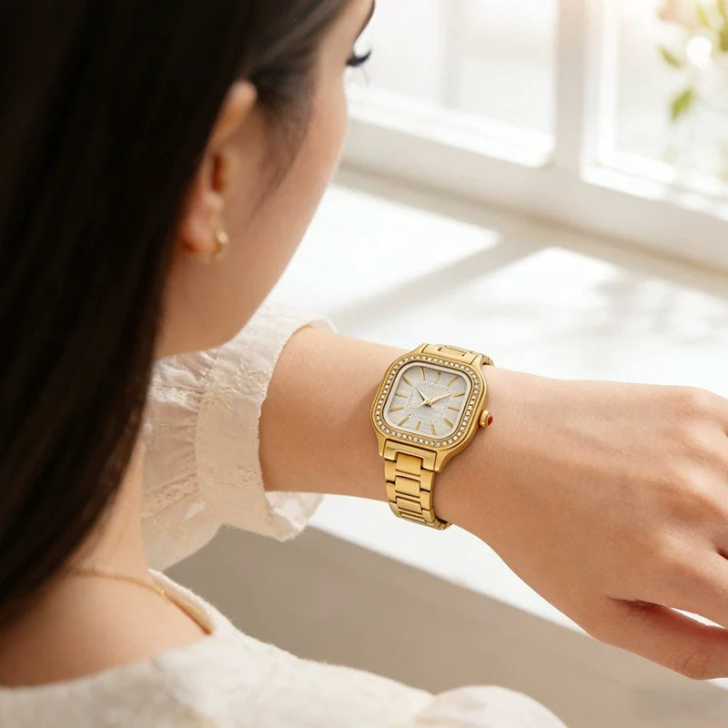 Women's Luxury Square Watch 40mm | Gold Diamond Bezel & Champagne Dial